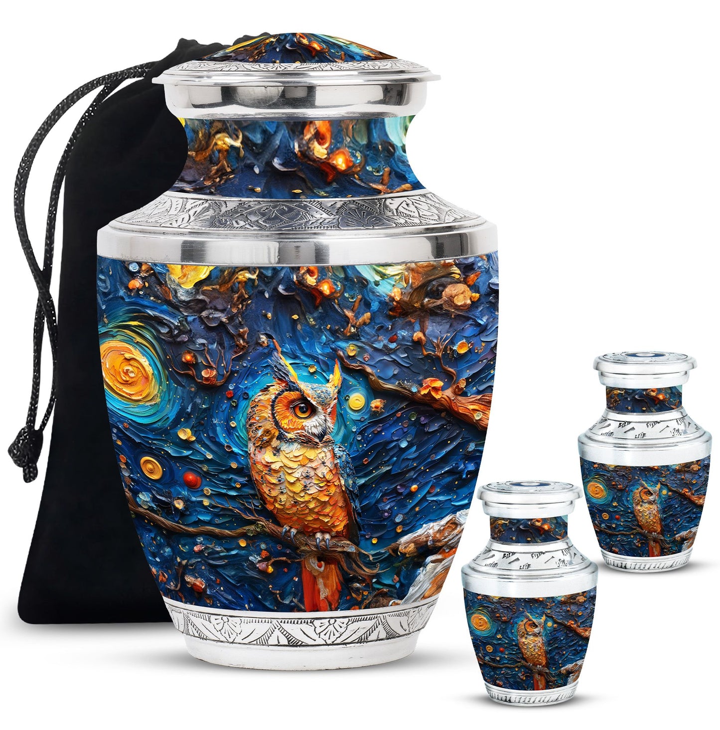 Owl Theme Large Urn With 2 Keepsake Urn