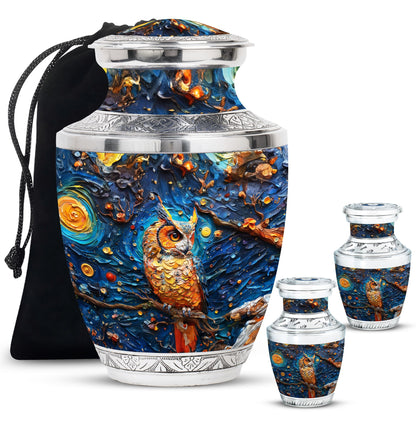 Owl Theme Large Urn With 2 Keepsake Urn