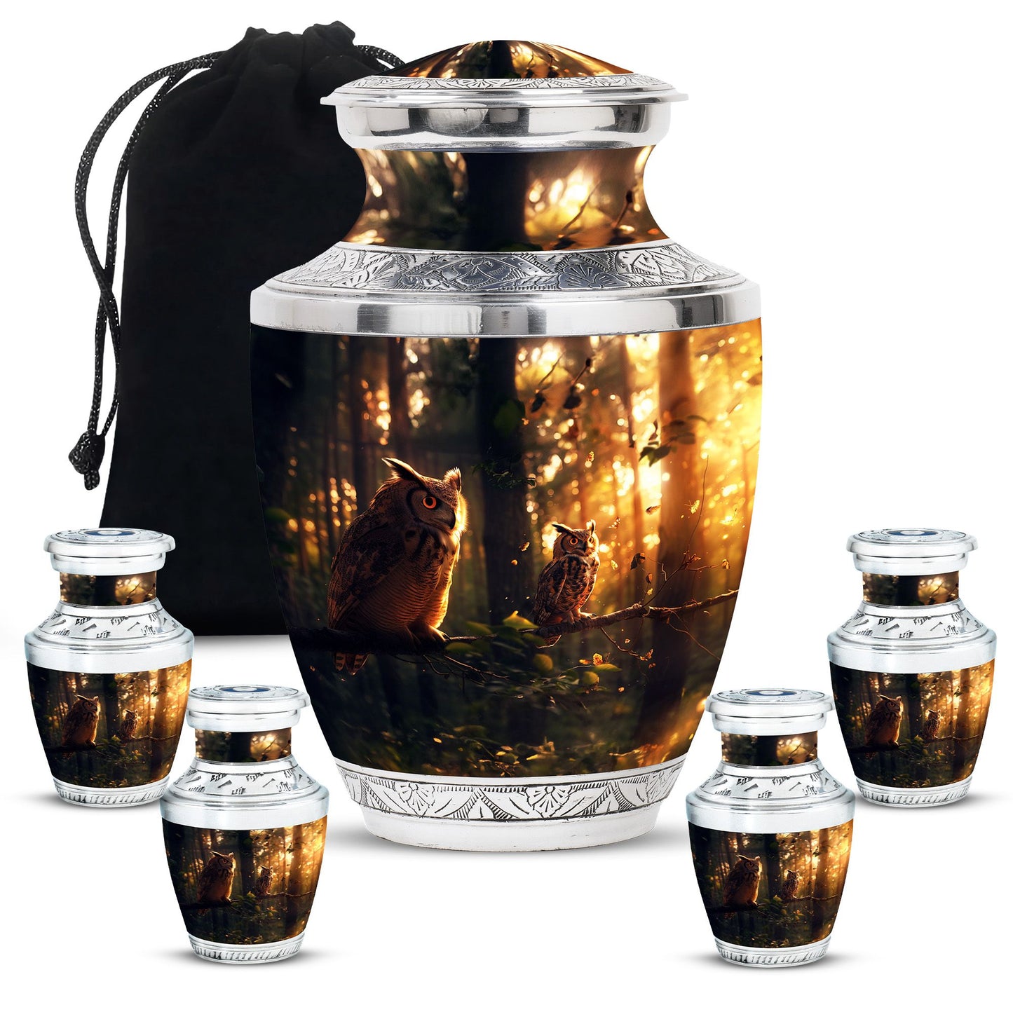 Owl Theme Large Urn With 4 Keepsake Urn