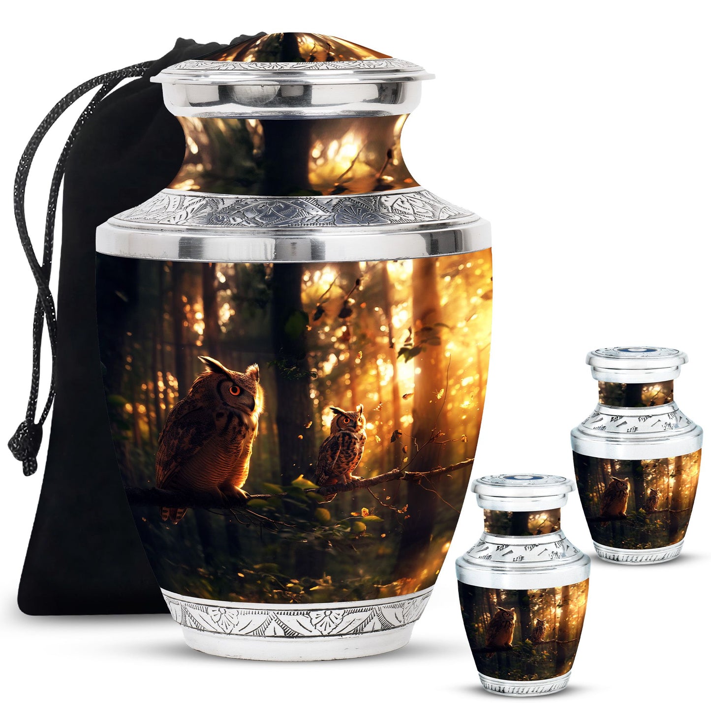 Owl Theme Large Urn With 2 Keepsake Urn