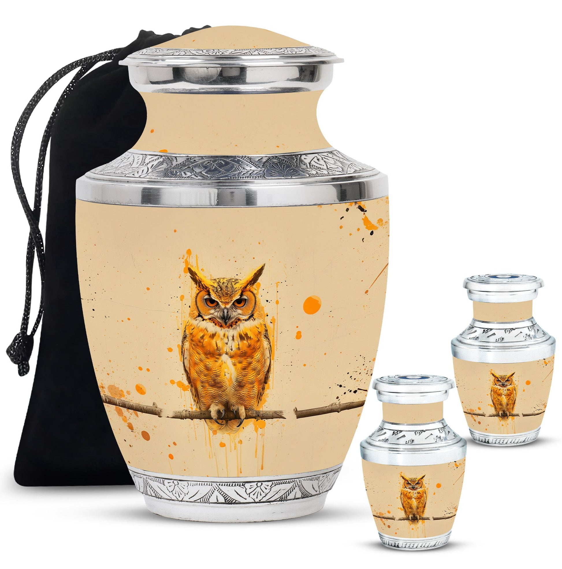 Owl Theme Large Urn With 2 Keepsake Urn