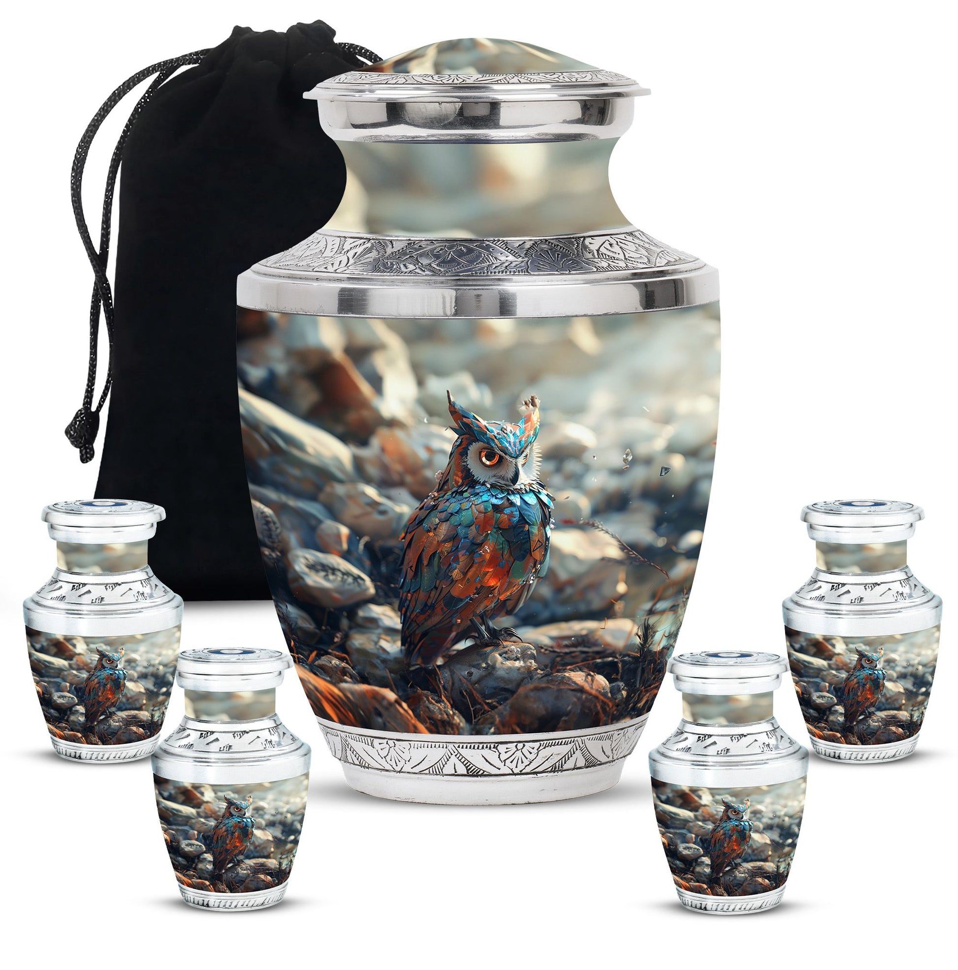 Owl Theme Large Urn With 4 Keepsake Urn