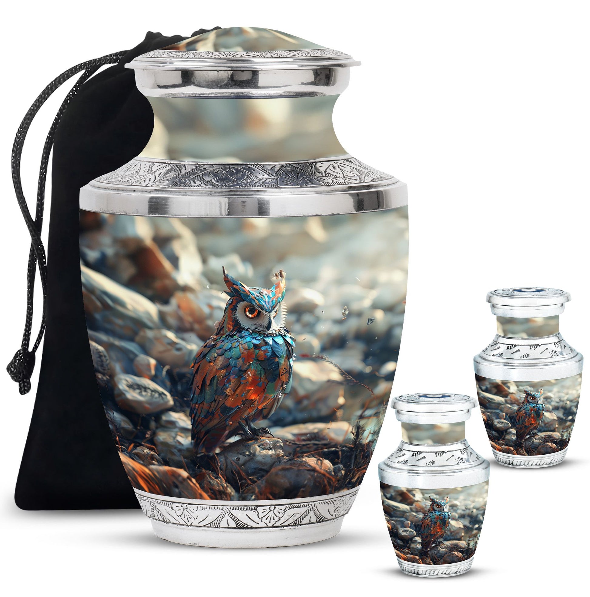 Owl Theme Large Urn With 2 Keepsake Urn