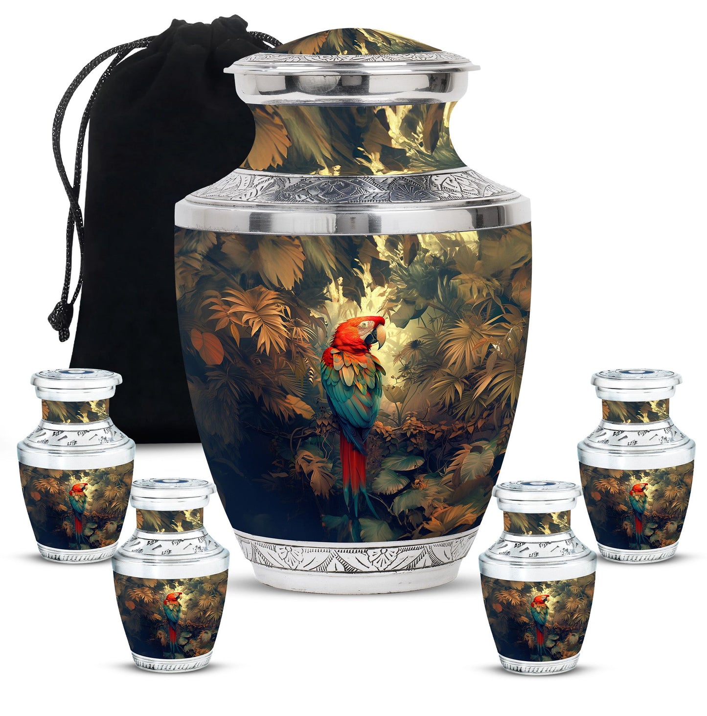 Macaw Parrot Theme Large Urn With 4 Keepsake Urn