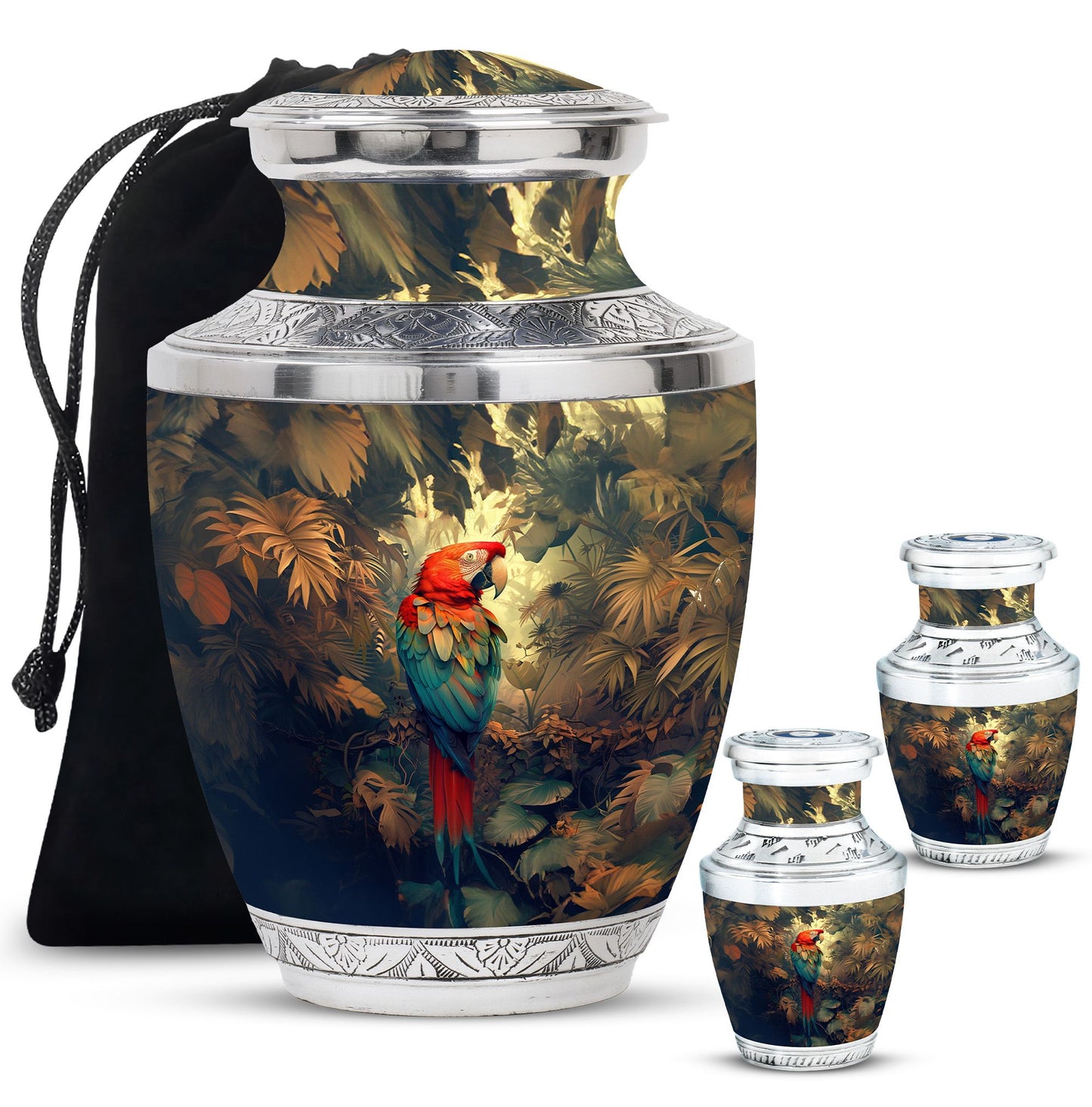 Macaw Parrot Theme Large Urn With 2 Keepsake Urn