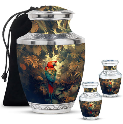 Macaw Parrot Theme Large Urn With 2 Keepsake Urn