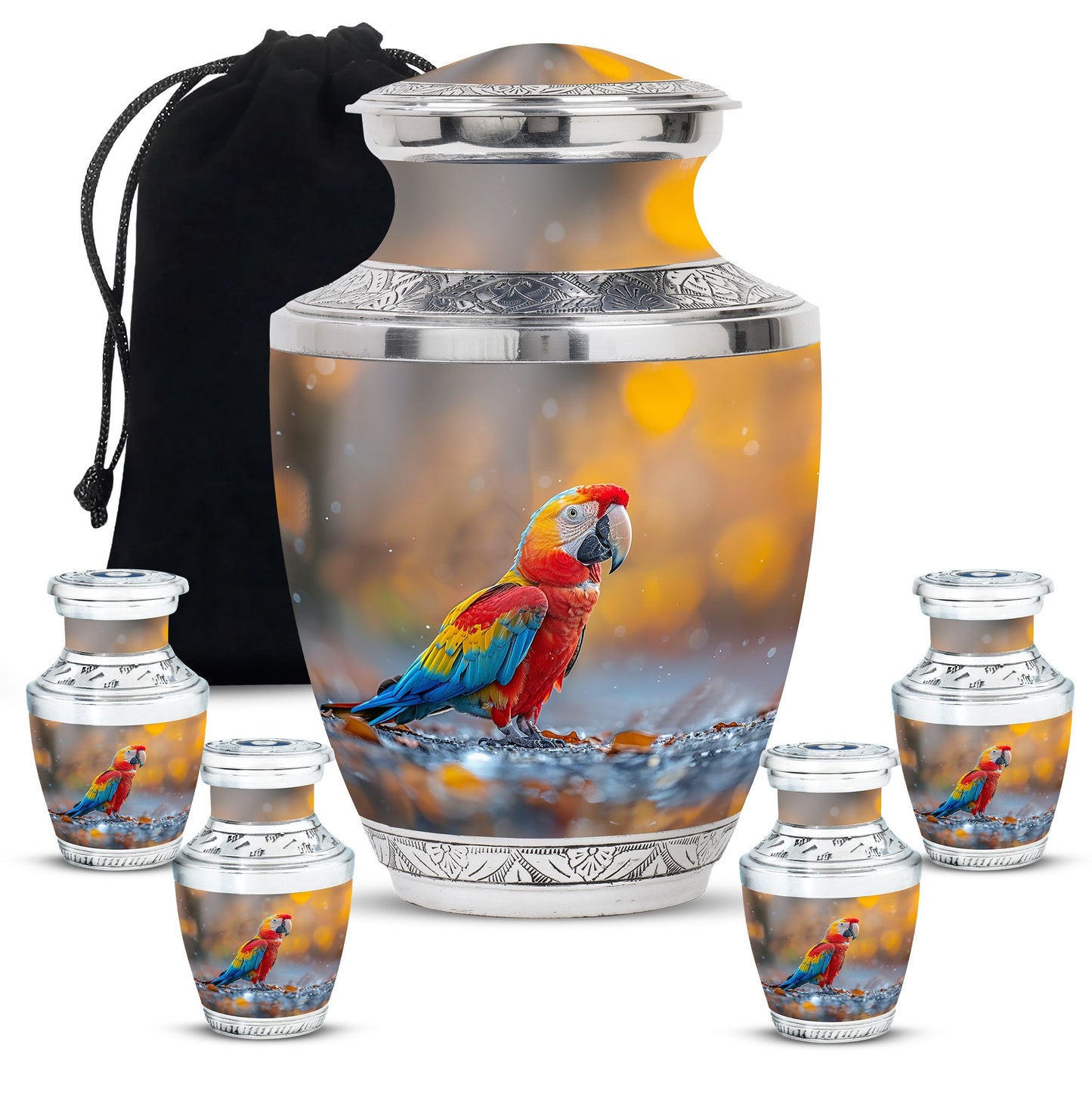 Macaw Parrot Theme Large Urn With 4 Keepsake Urn