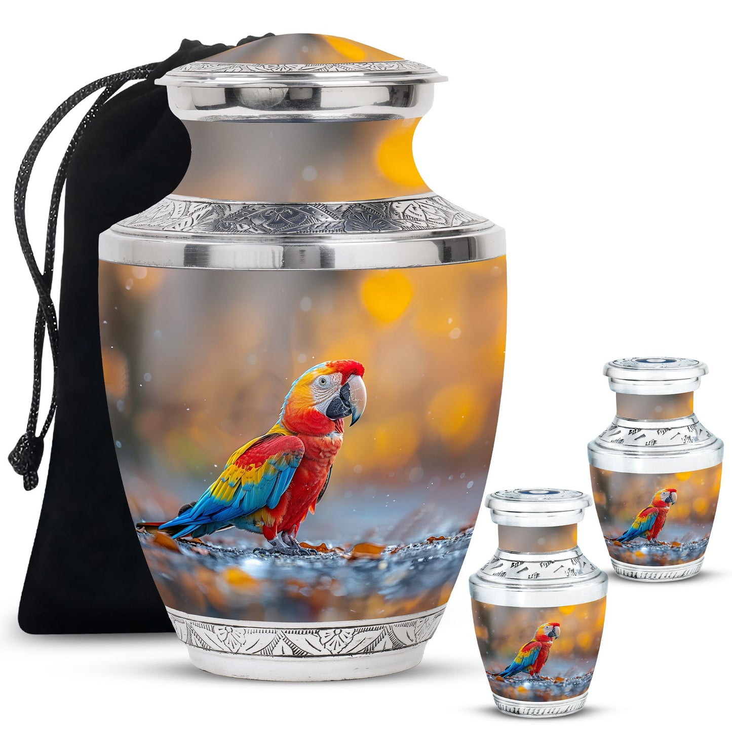 Macaw Parrot Theme Large Urn With 2 Keepsake Urn