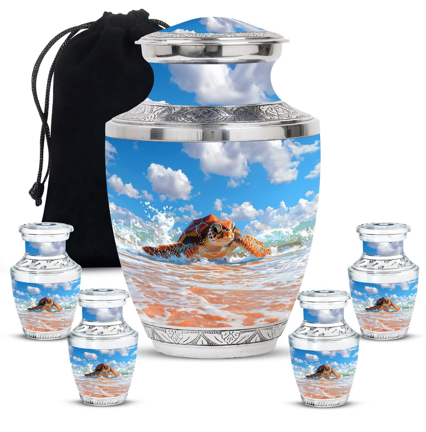 Turtle Theme Large Urn With 4 Keepsake Urn