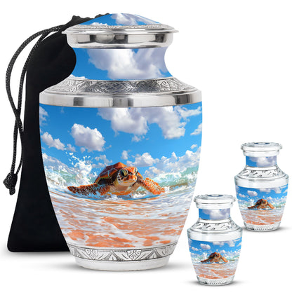 Turtle Theme Large Urn With 2 Keepsake Urn
