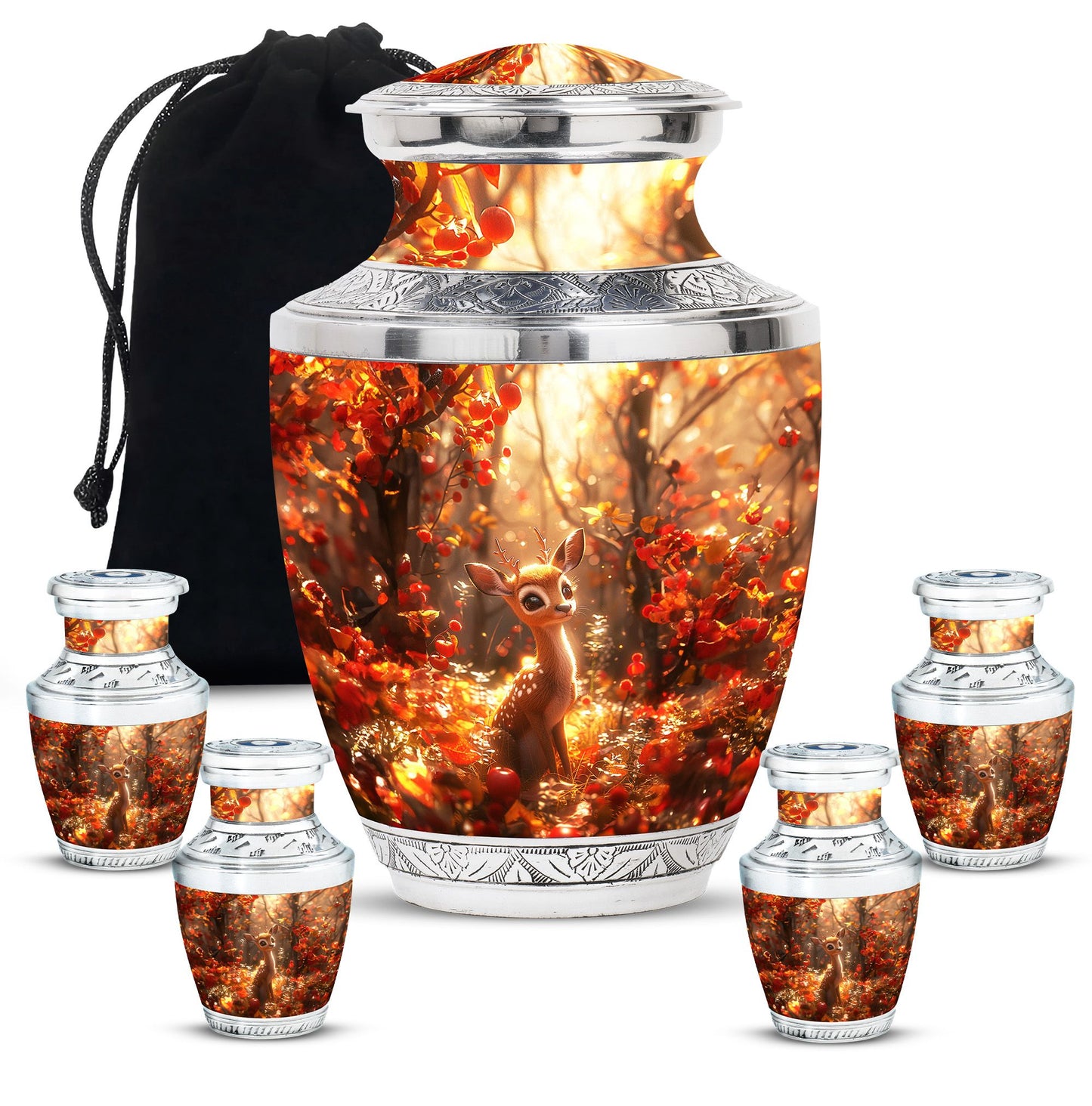 Deer Theme Large Urn With 4 Keepsake Urn