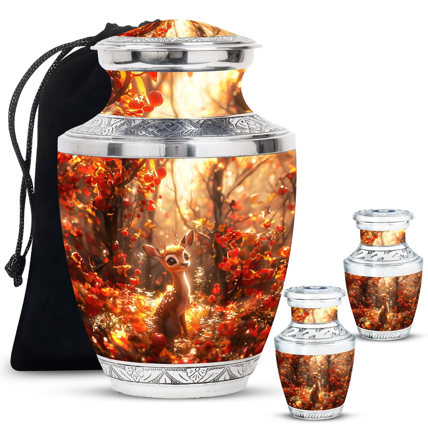 Deer Theme Large Urn With 2 Keepsake Urn