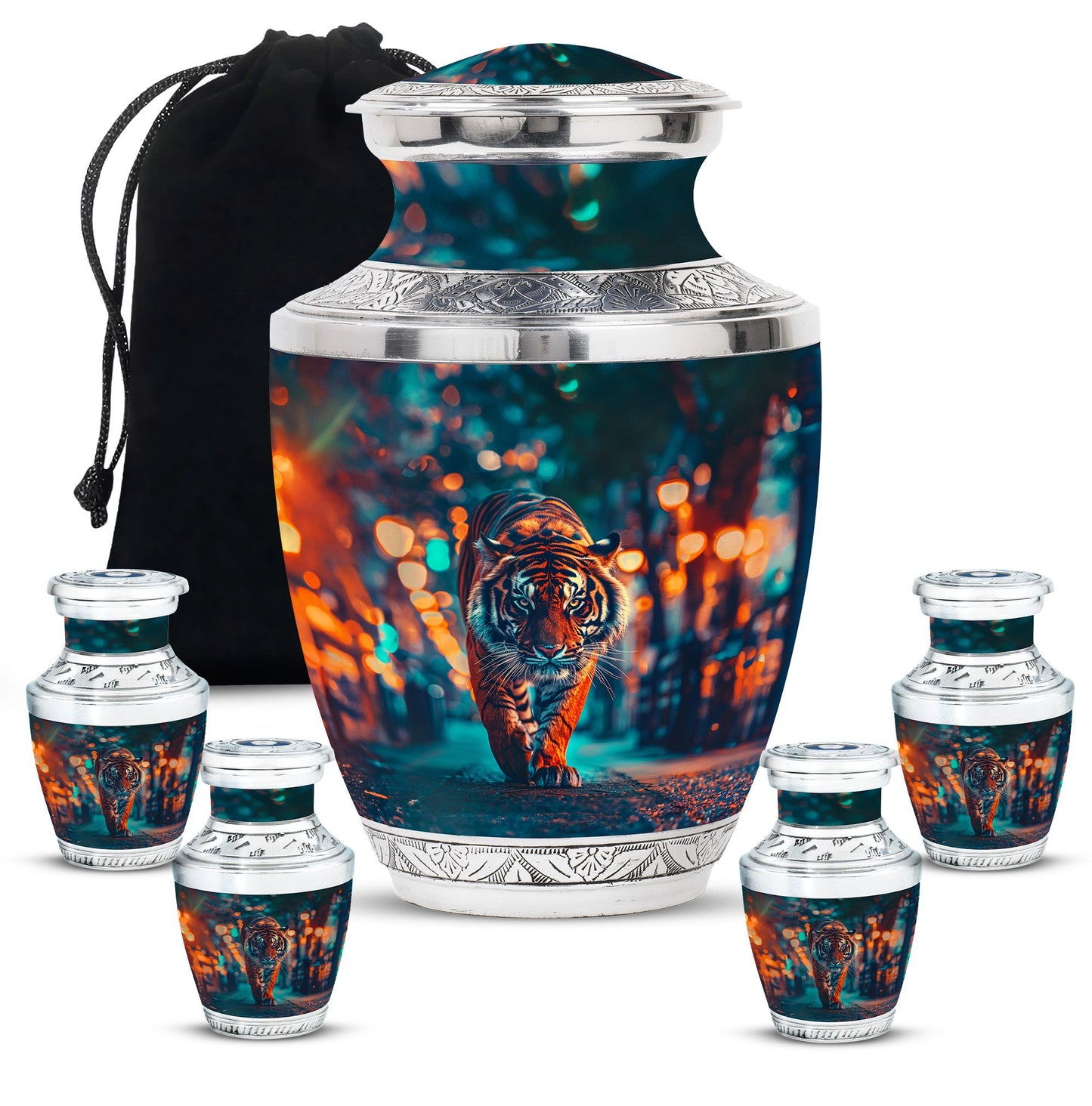 Tiger Theme Large Urn With 4 Keepsake Urn