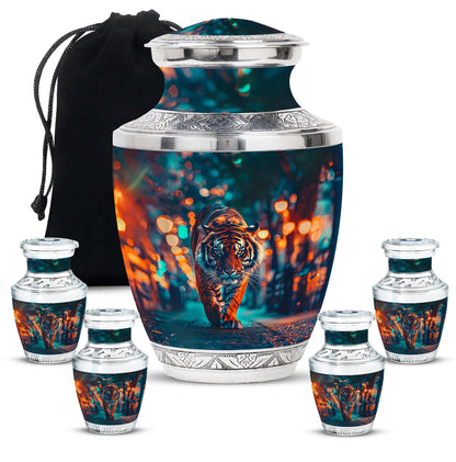 Tiger Theme Large Urn With 4 Keepsake Urn