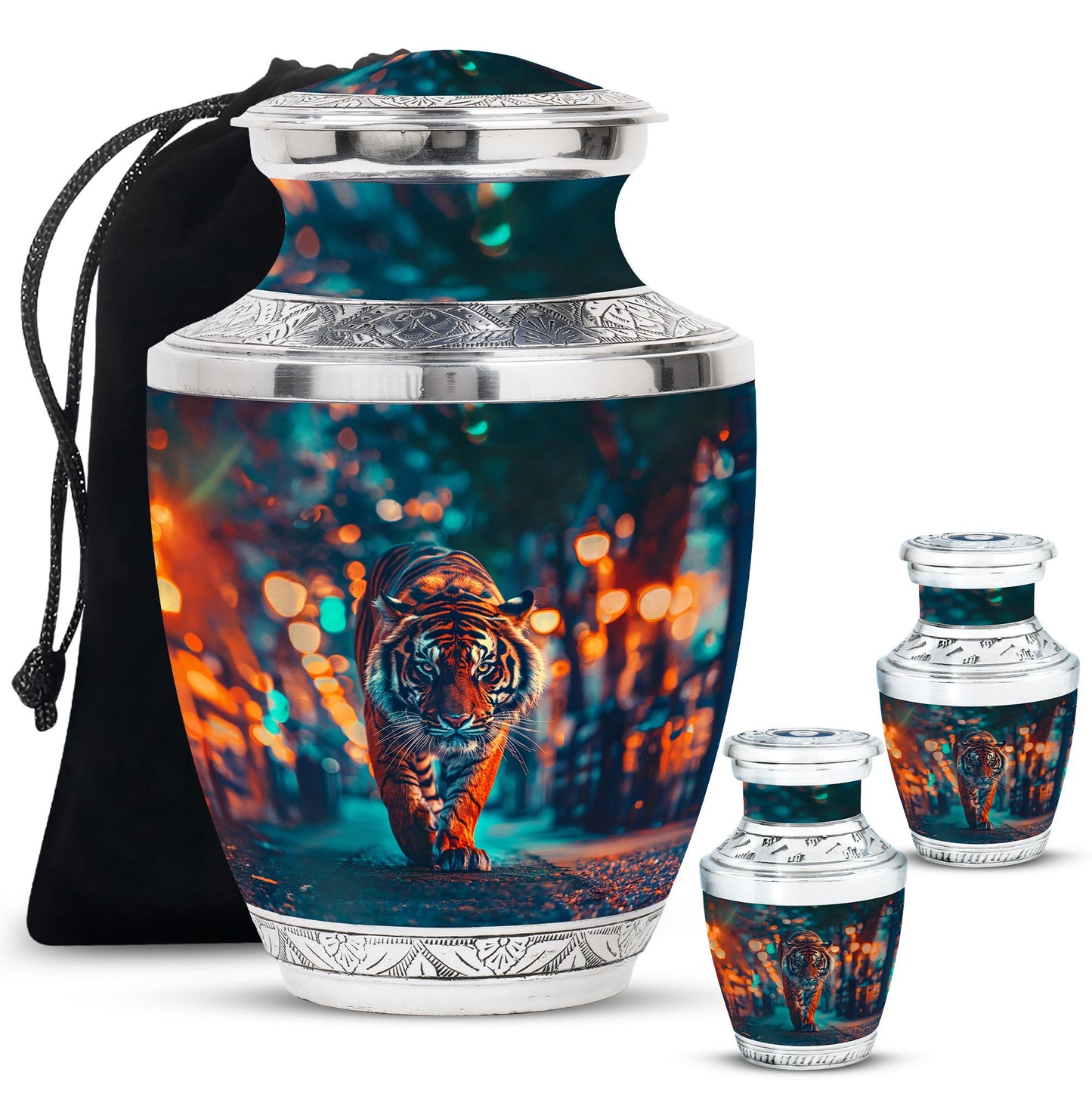 Tiger Theme Large Urn With 2 Keepsake Urn