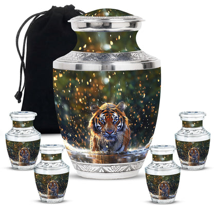 Tiger Theme Large Urn With 4 Keepsake Urn