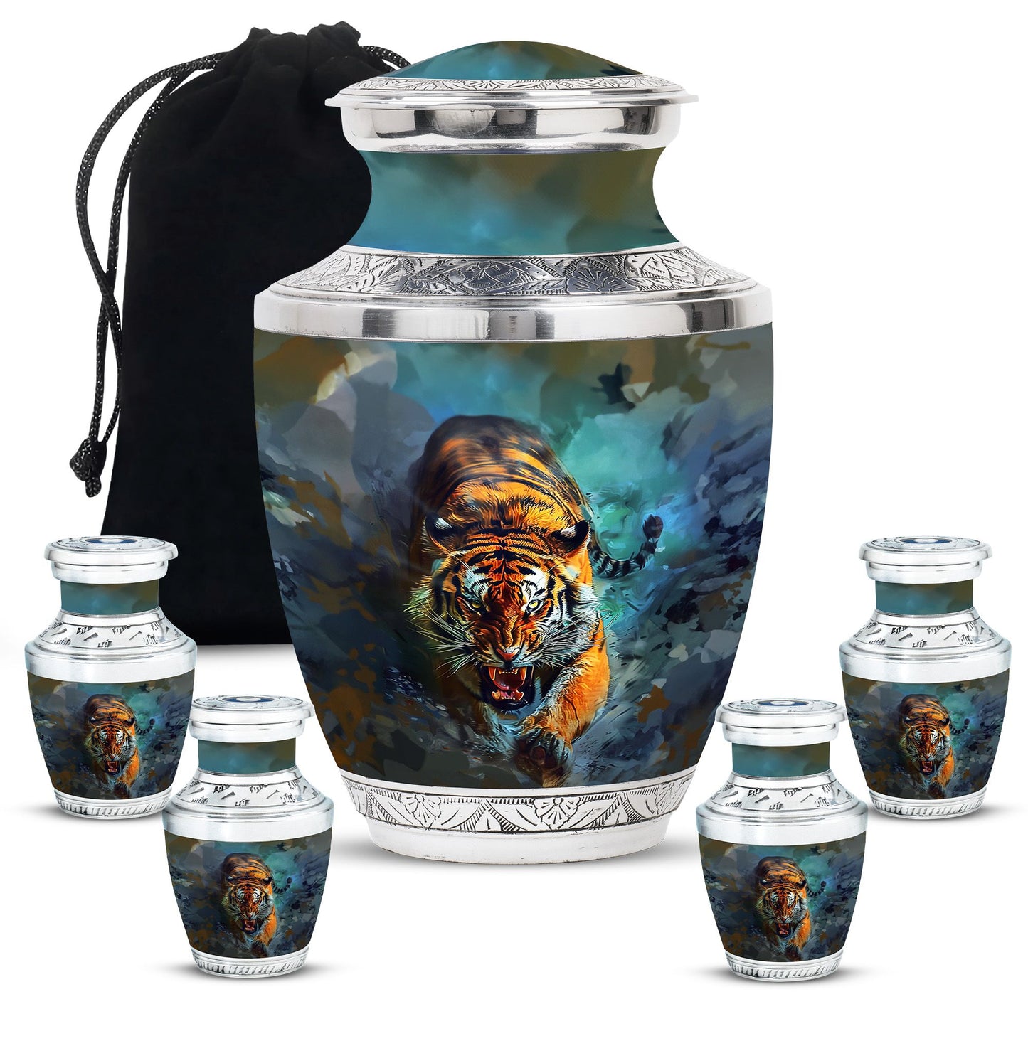 Tiger Theme Large Urn With 4 Keepsake Urn