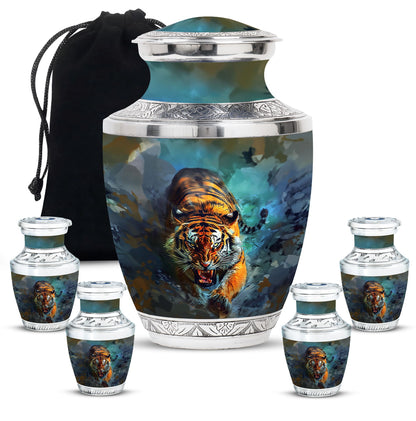 Tiger Theme Large Urn With 4 Keepsake Urn