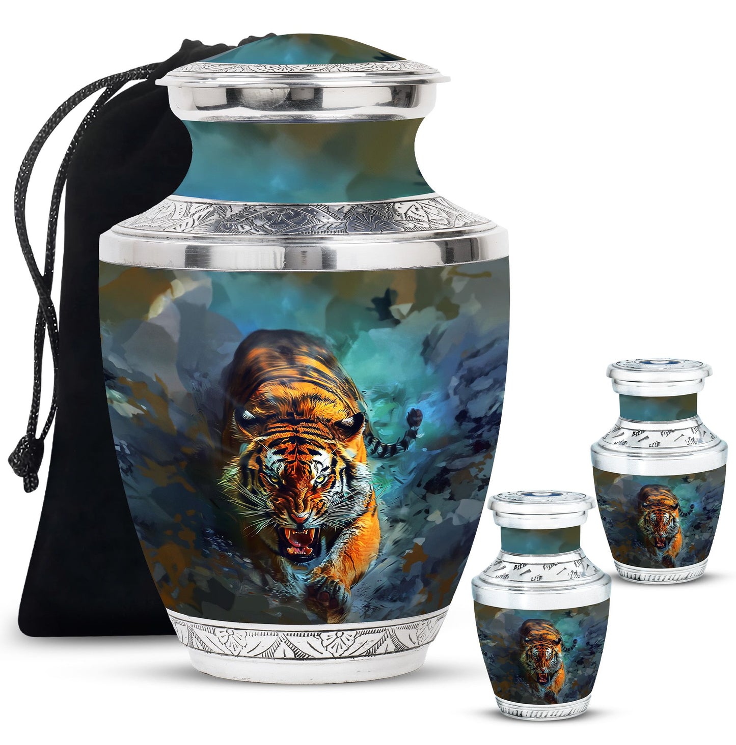 Tiger Theme Large Urn With 2 Keepsake Urn