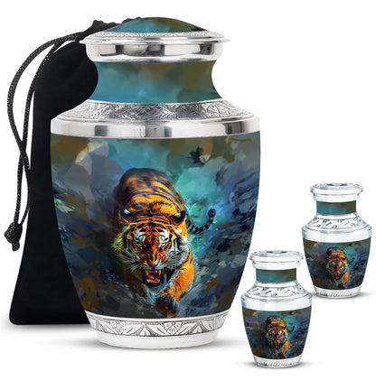 Tiger Theme Large Urn With 2 Keepsake Urn