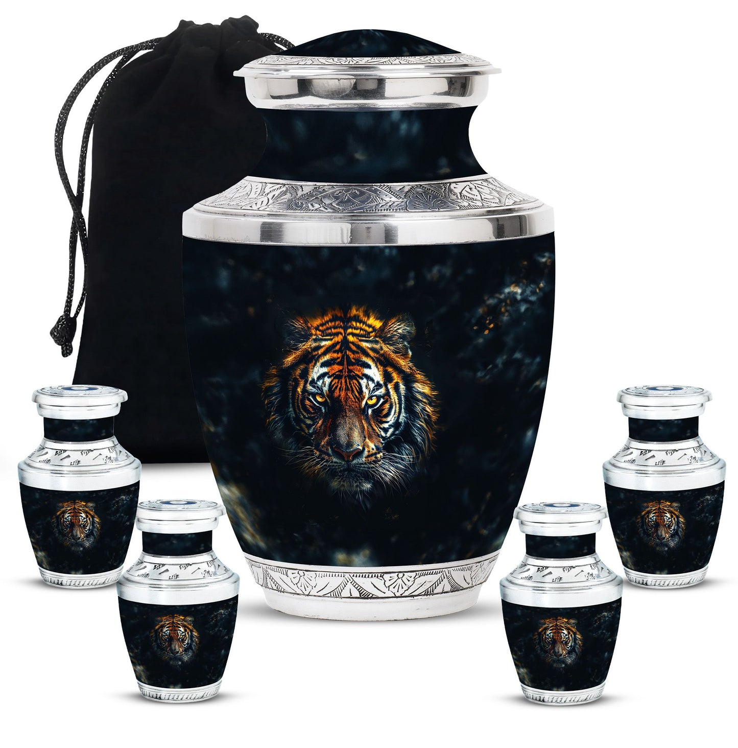 Tiger Theme Large Urn With 4 Keepsake Urn