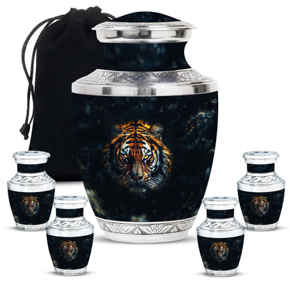 Tiger Theme Large Urn With 4 Keepsake Urn