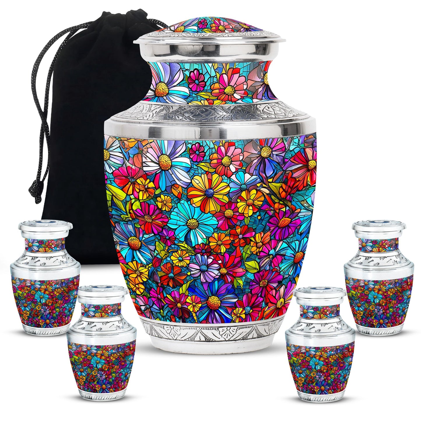 Flowers Theme Large Urn With 4 Keepsake Urn