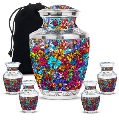 Flowers Theme Large Urn With 4 Keepsake Urn