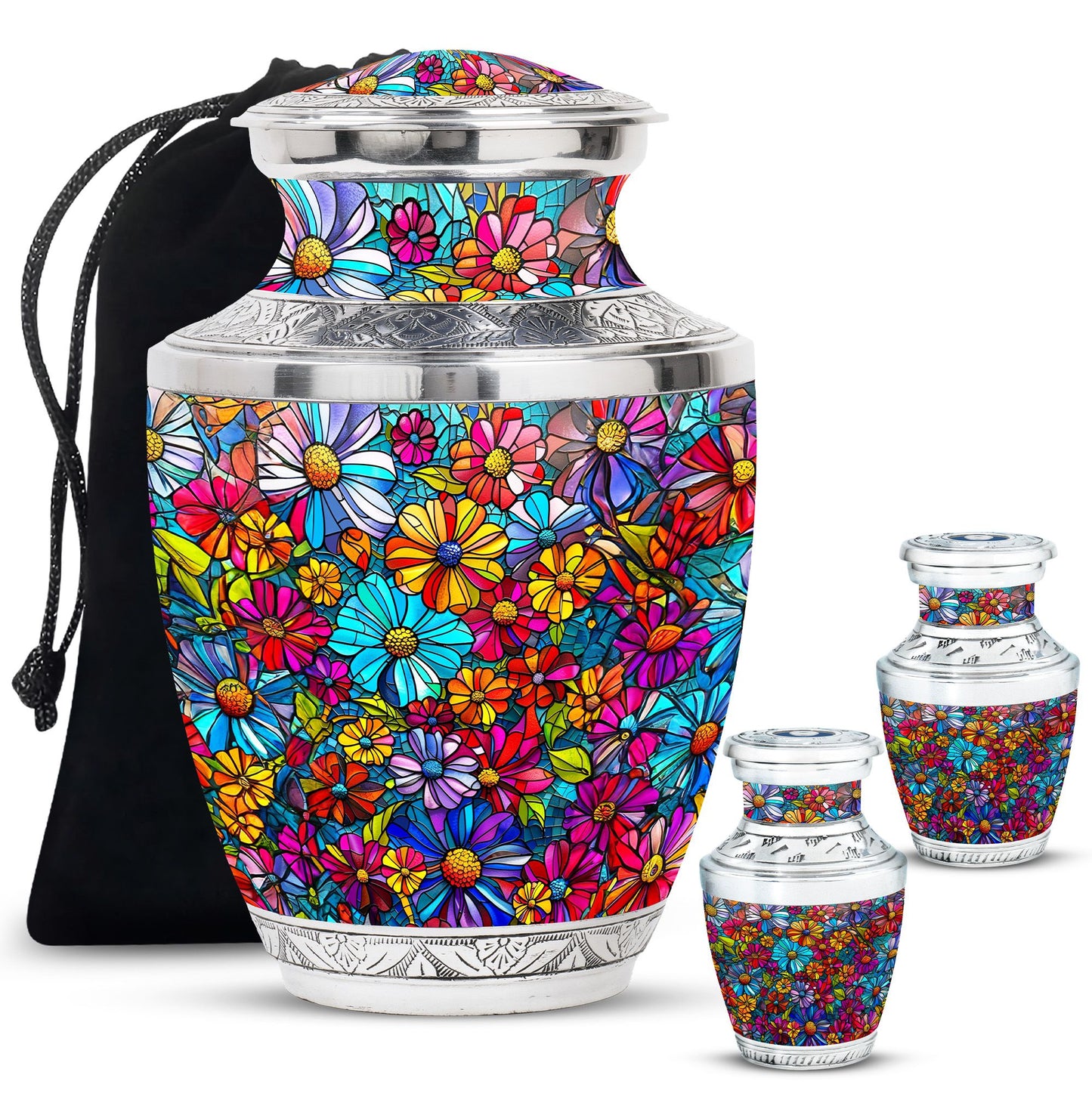Flowers Theme Large Urn With 2 Keepsake Urn