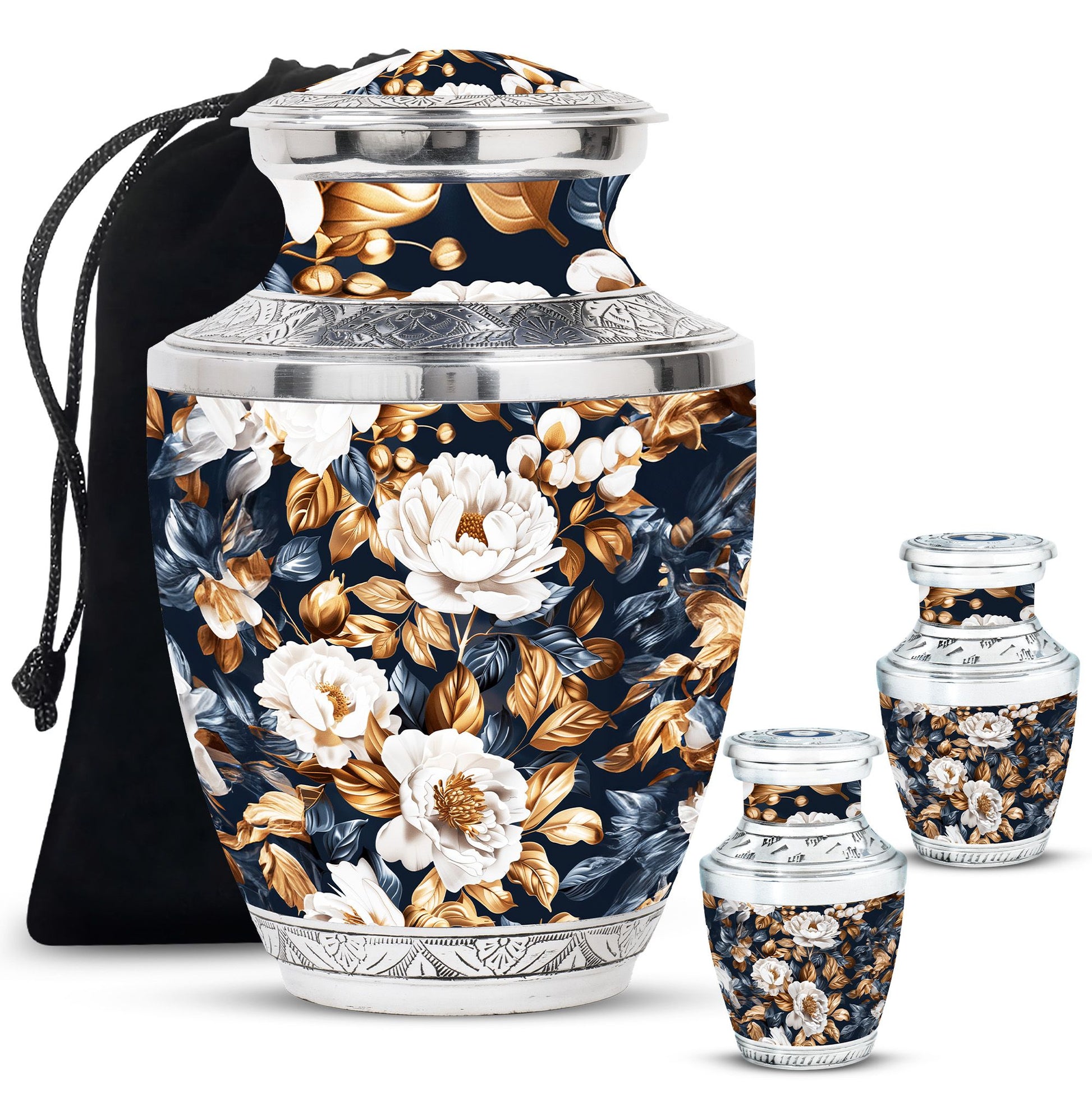 Flowers Theme Large Urn With 2 Keepsake Urn