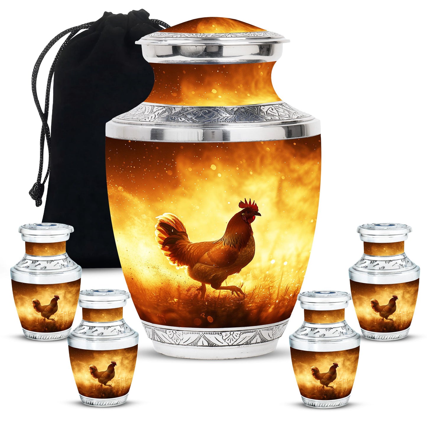 Chicken Theme Large Urn With 4 Keepsake Urn
