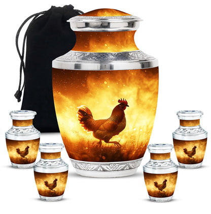 Chicken Theme Large Urn With 4 Keepsake Urn