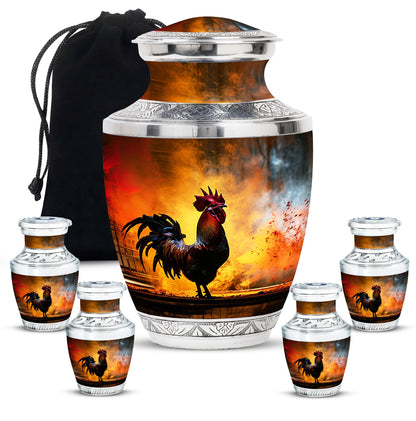 Chicken Theme Large Urn With 4 Keepsake Urn