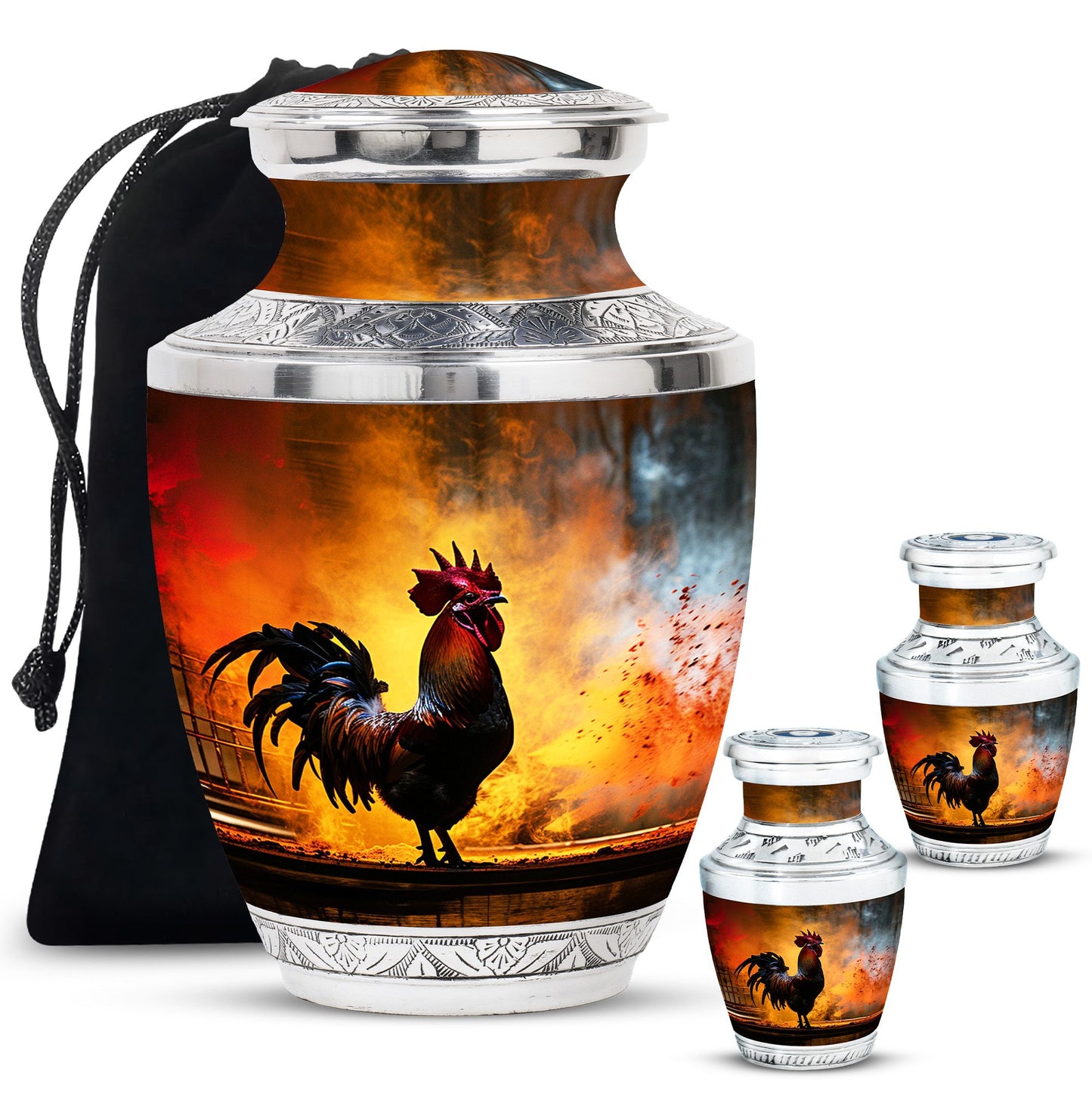 Chicken Theme Large Urn With 2 Keepsake Urn