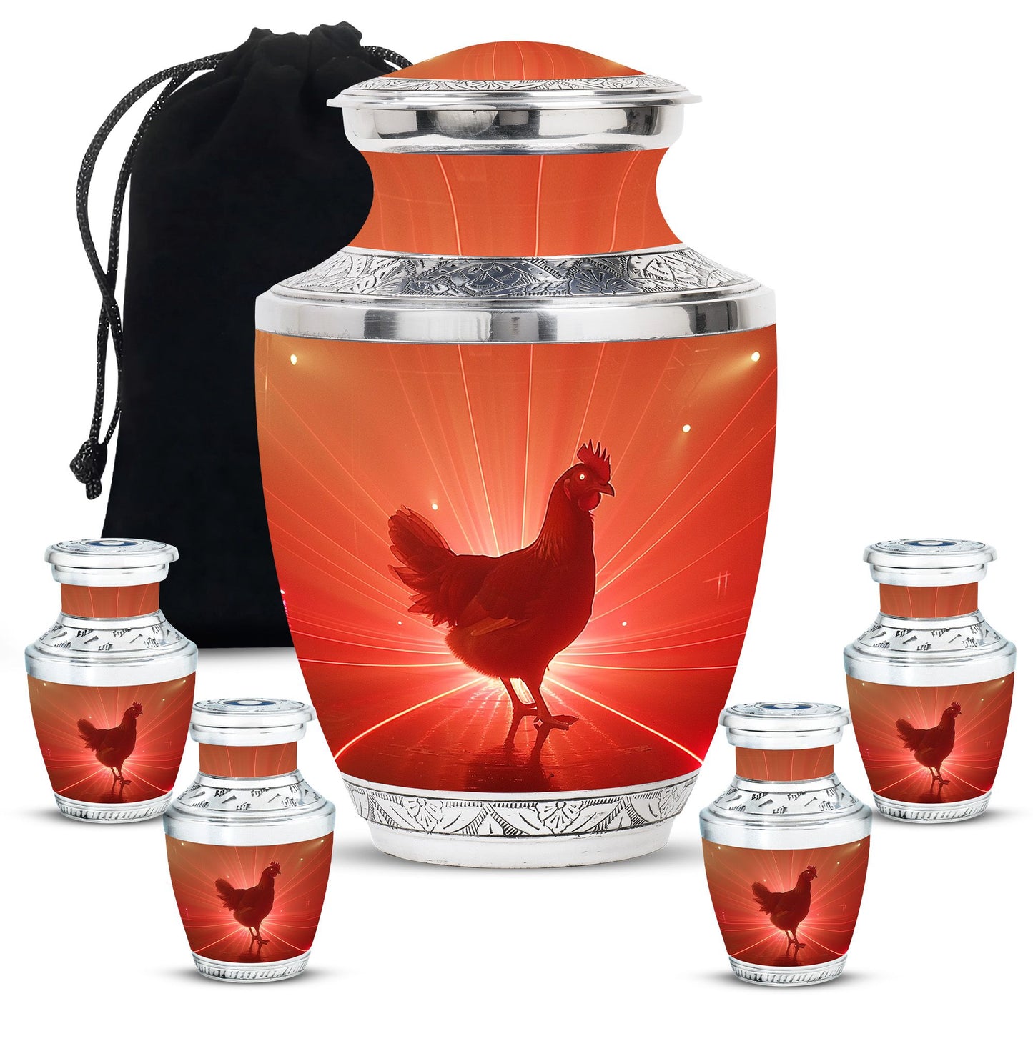 Chicken Theme Large Urn With 4 Keepsake Urn