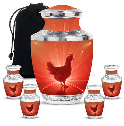 Chicken Theme Large Urn With 4 Keepsake Urn