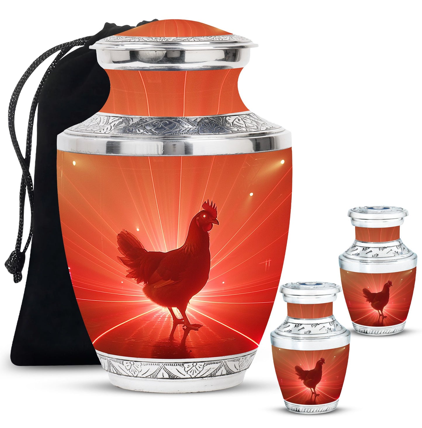 Chicken Theme Large Urn With 2 Keepsake Urn