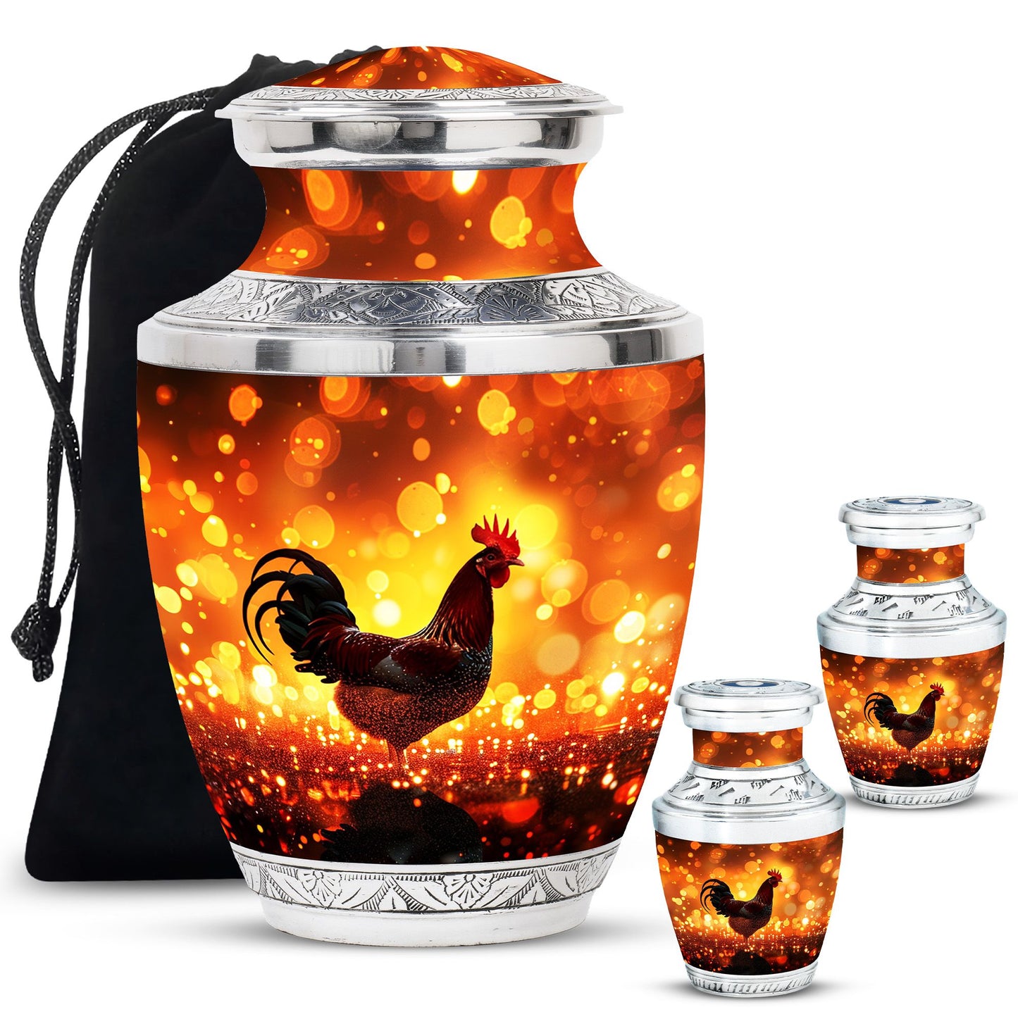 Chicken Theme Large Urn With 2 Keepsake Urn