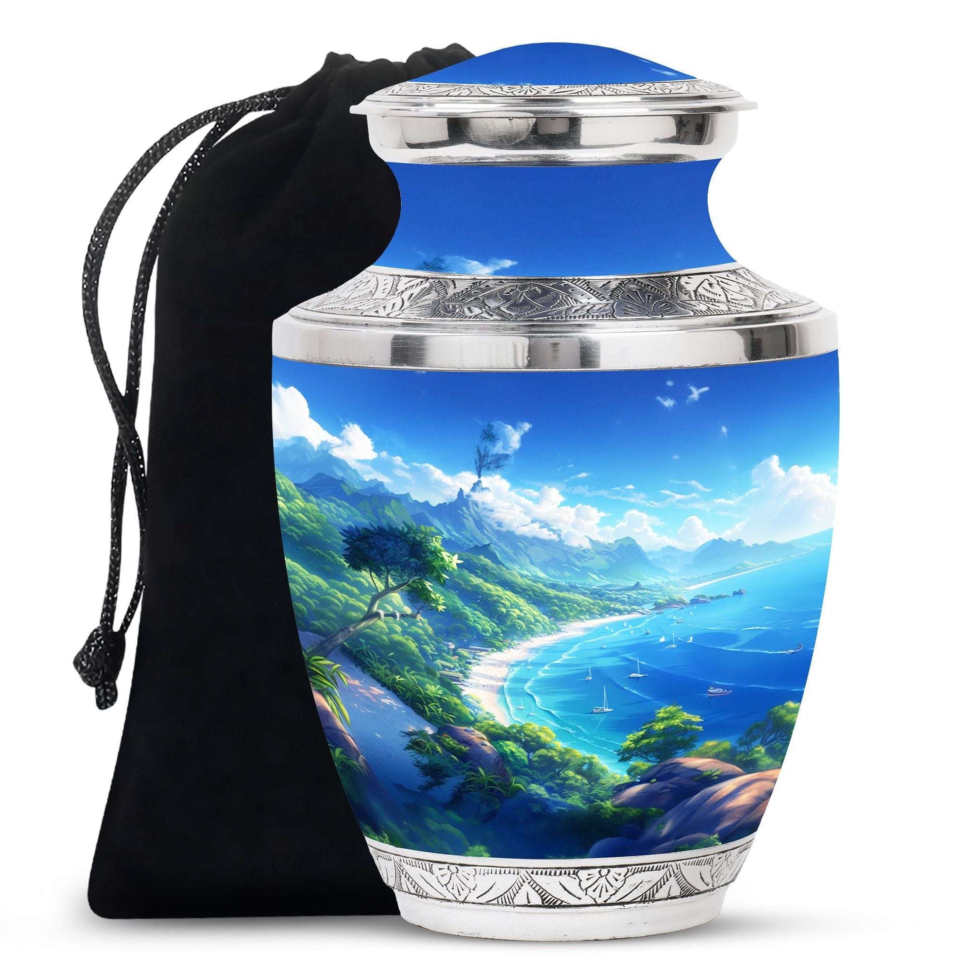 Ocean Waves Cremation Urn For Burial – Blue Sea Waves Beach Memorial Urn