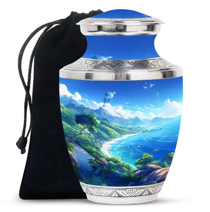 Ocean Waves Cremation Urn For Burial – Blue Sea Waves Beach Memorial Urn