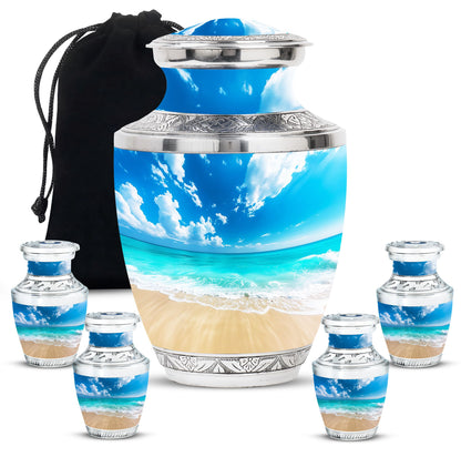 Beach Theme Large Urn With 4 Keepsake Urn