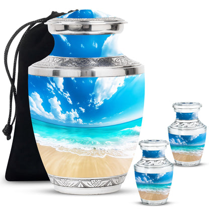 Beach Theme Large Urn With 2 Keepsake Urn
