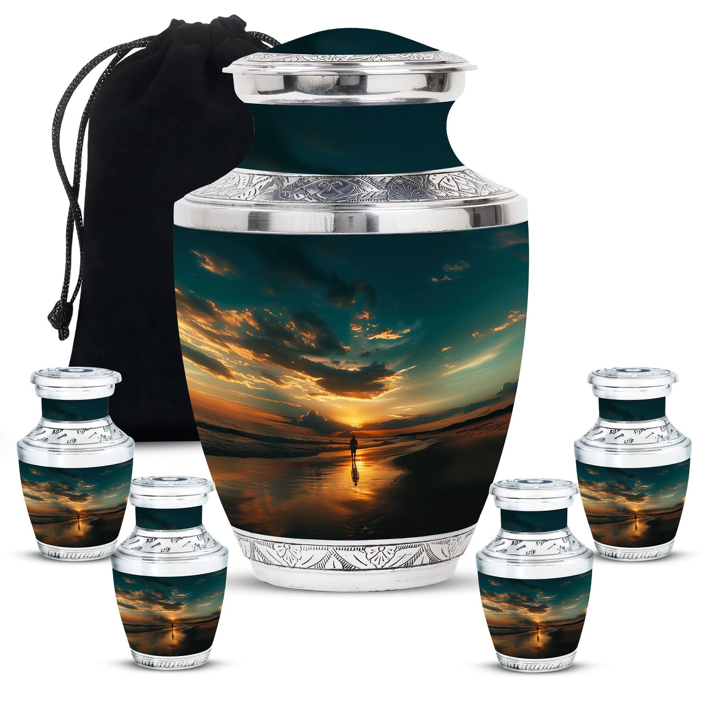 Beach Theme Large Urn With 4 Keepsake Urn