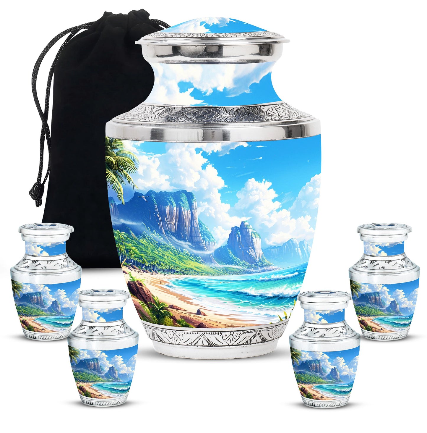 Beach Theme Large Urn With 4 Keepsake Urn
