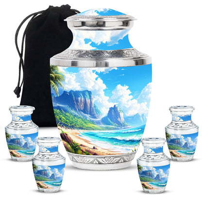 Beach Theme Large Urn With 4 Keepsake Urn
