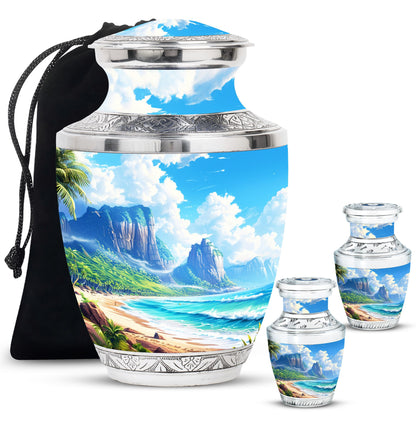 Beach Theme Large Urn With 2 Keepsake Urn