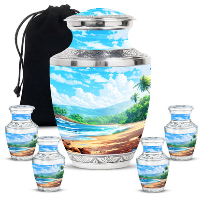 Beach Theme Large Urn With 4 Keepsake Urn