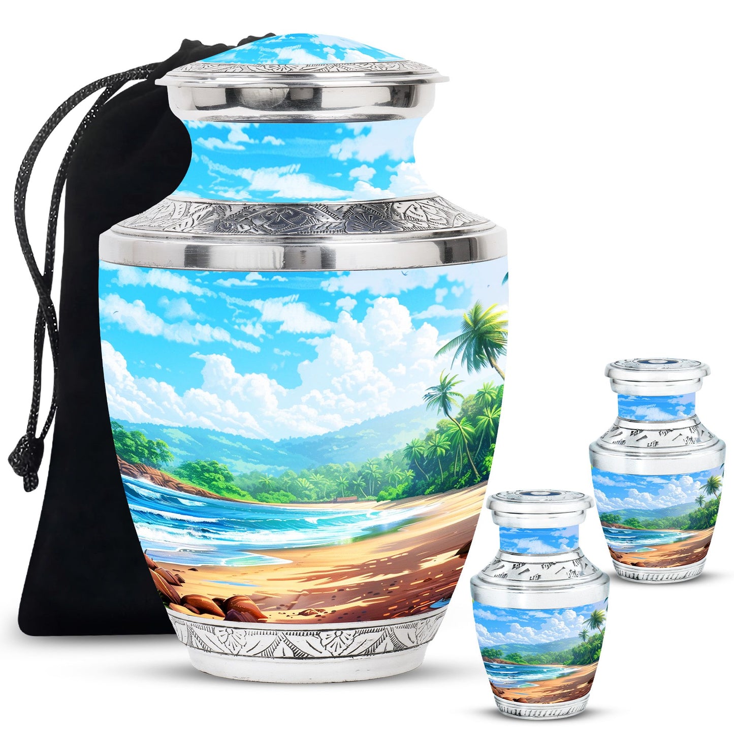 Beach Theme Large Urn With 2 Keepsake Urn