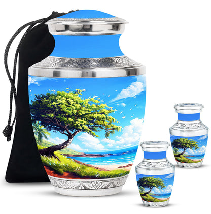 Beach Theme Large Urn With 2 Keepsake Urn
