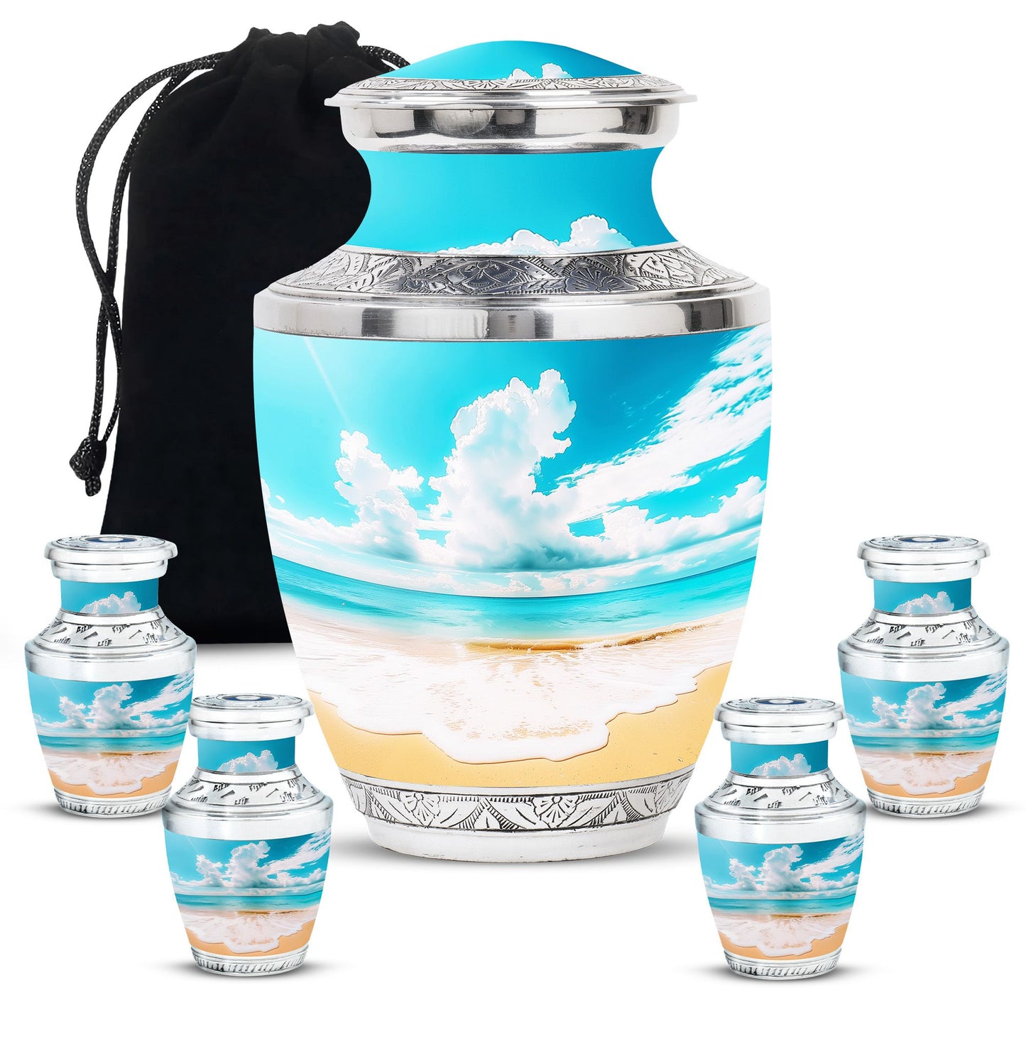 Beach Theme Large Urn With 4 Keepsake Urn